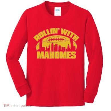 Rollin With Mahomes Kansas City Skyline Kids Long Sleeve Shirt