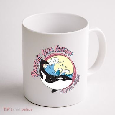 Respect Our Oceans Help The Whales Distressed Vintage Orca Coffee Mug back