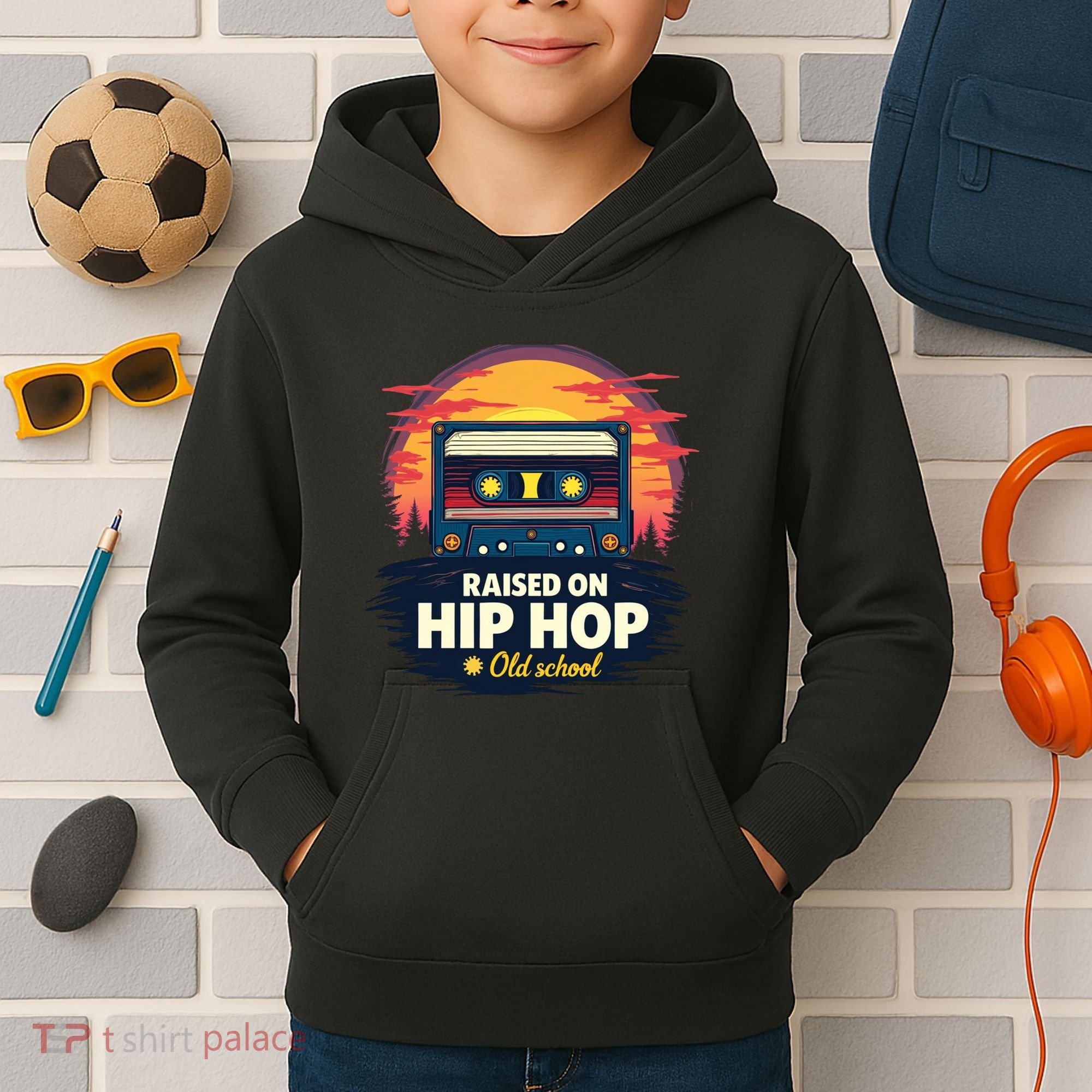 Raised On Old School Hip Hop Anniversary Cassette Kids Hoodie