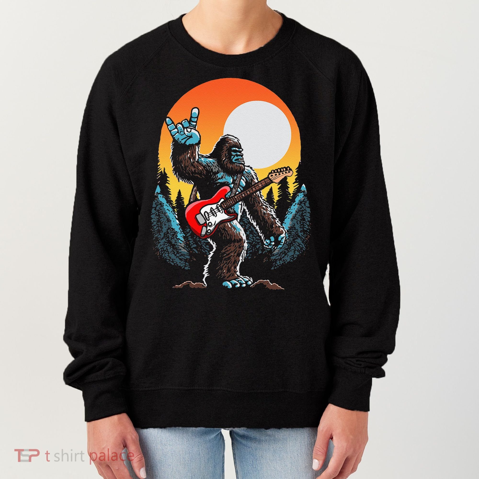 Rock On Sasquatch Rock And Roll Bigfoot Electric Guitar Women's Sweatshirt