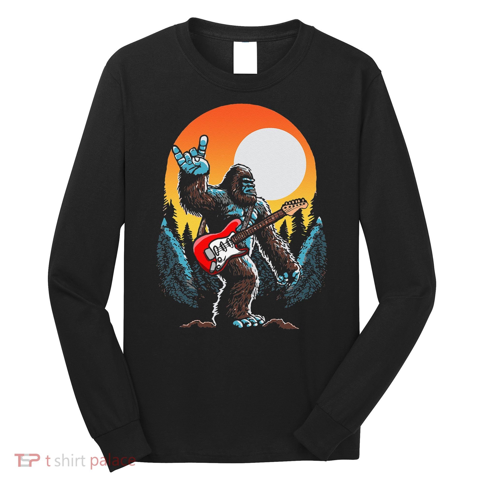 Rock On Sasquatch Rock And Roll Bigfoot Electric Guitar Long Sleeve Shirt