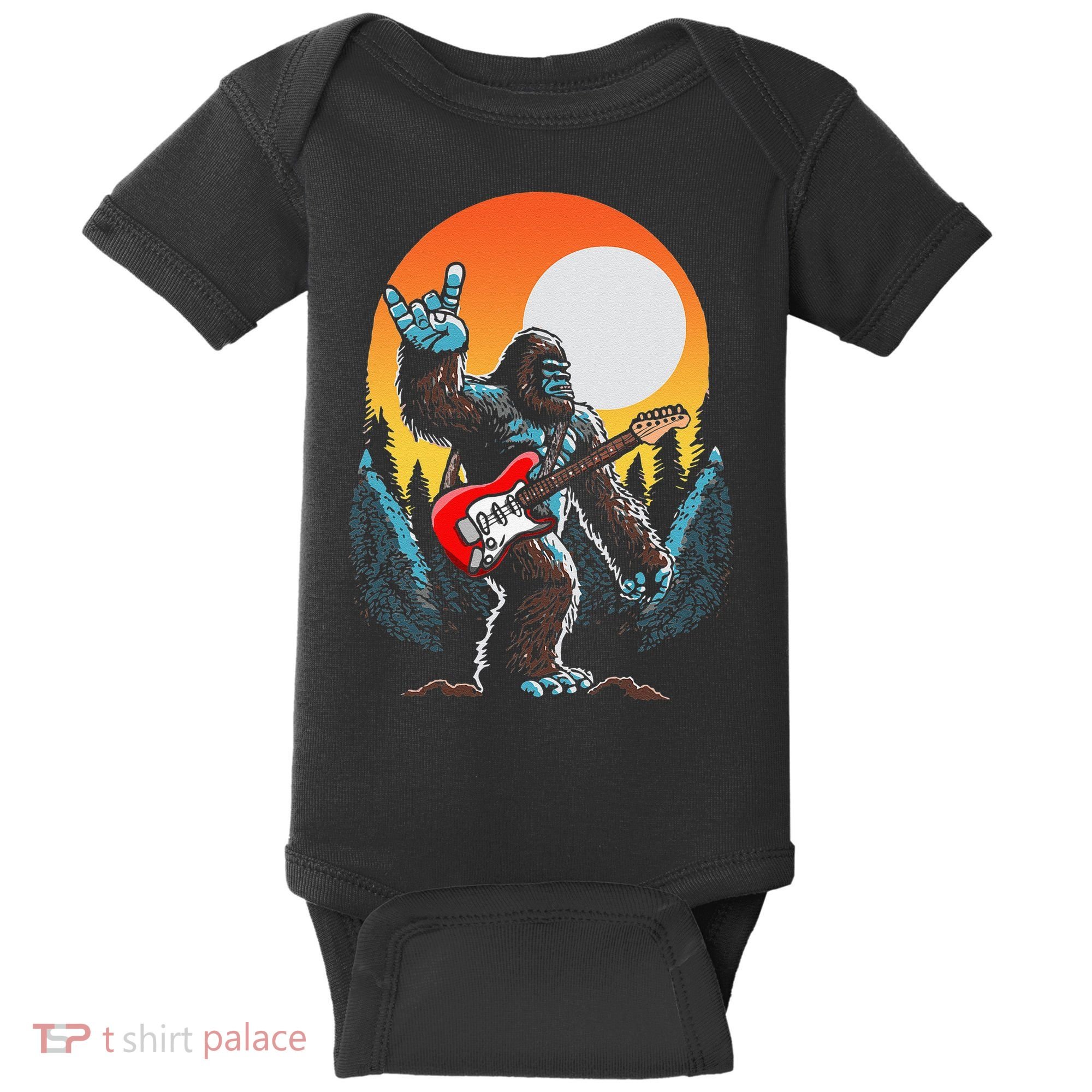 Rock On Sasquatch Rock And Roll Bigfoot Electric Guitar Baby Bodysuit