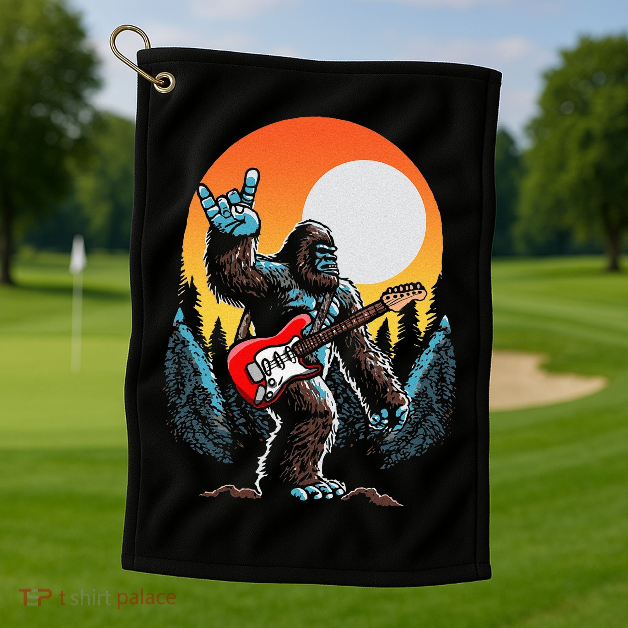 Rock On Sasquatch Rock And Roll Bigfoot Electric Guitar Golf Towel