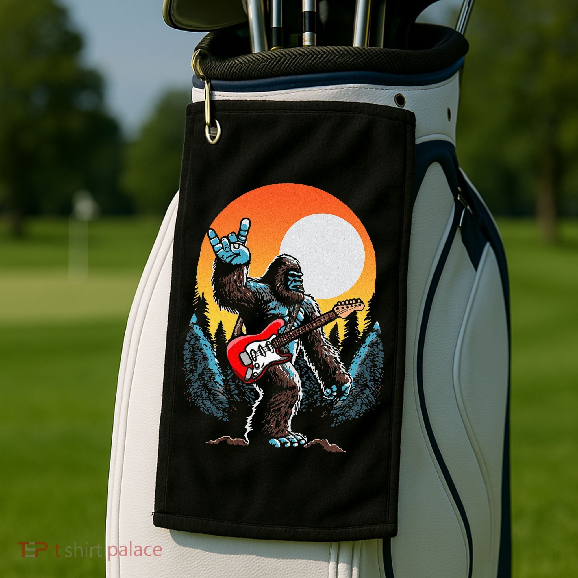 Rock On Sasquatch Rock And Roll Bigfoot Electric Guitar Golf Towel