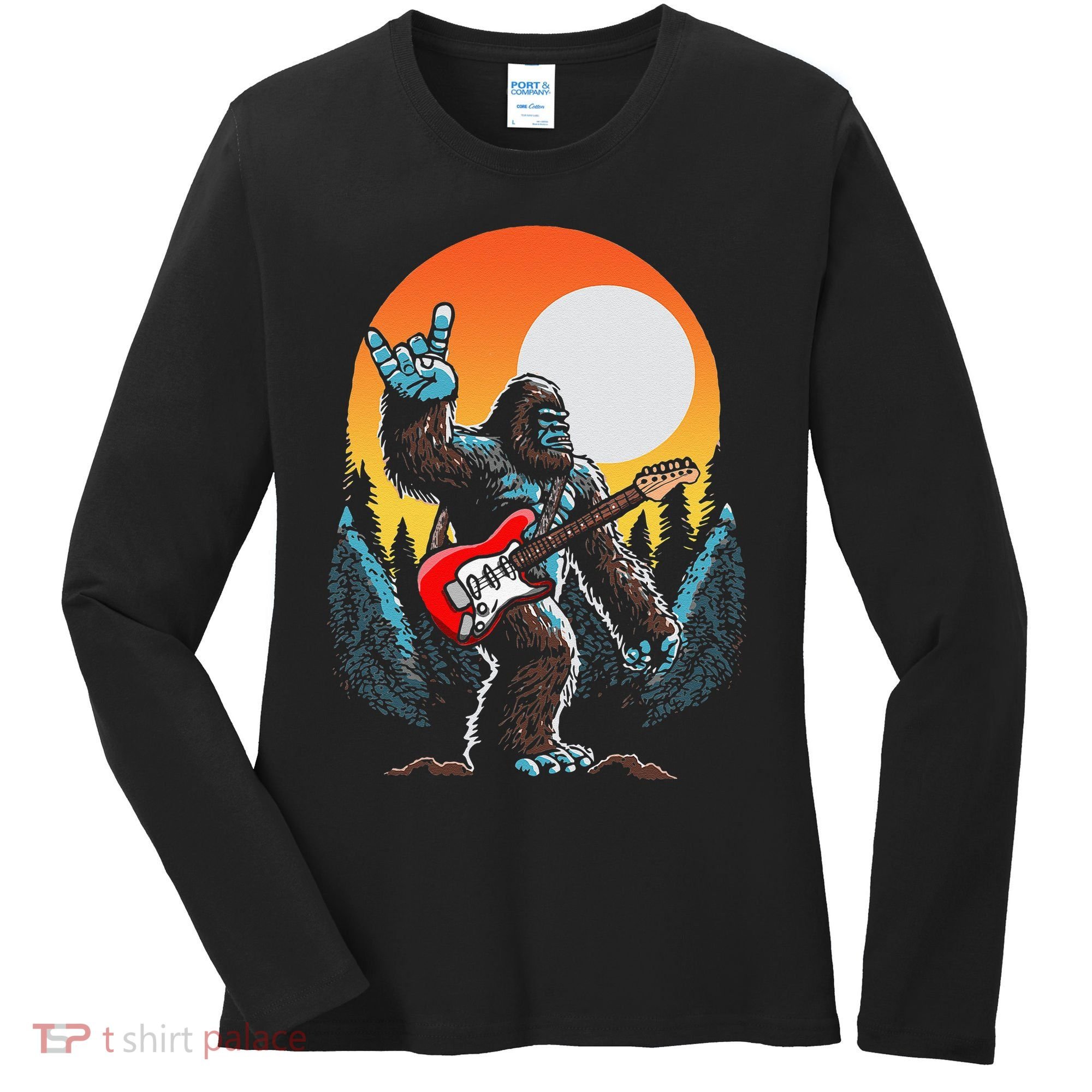 Rock On Sasquatch Rock And Roll Bigfoot Electric Guitar Women's Long Sleeve Shirt