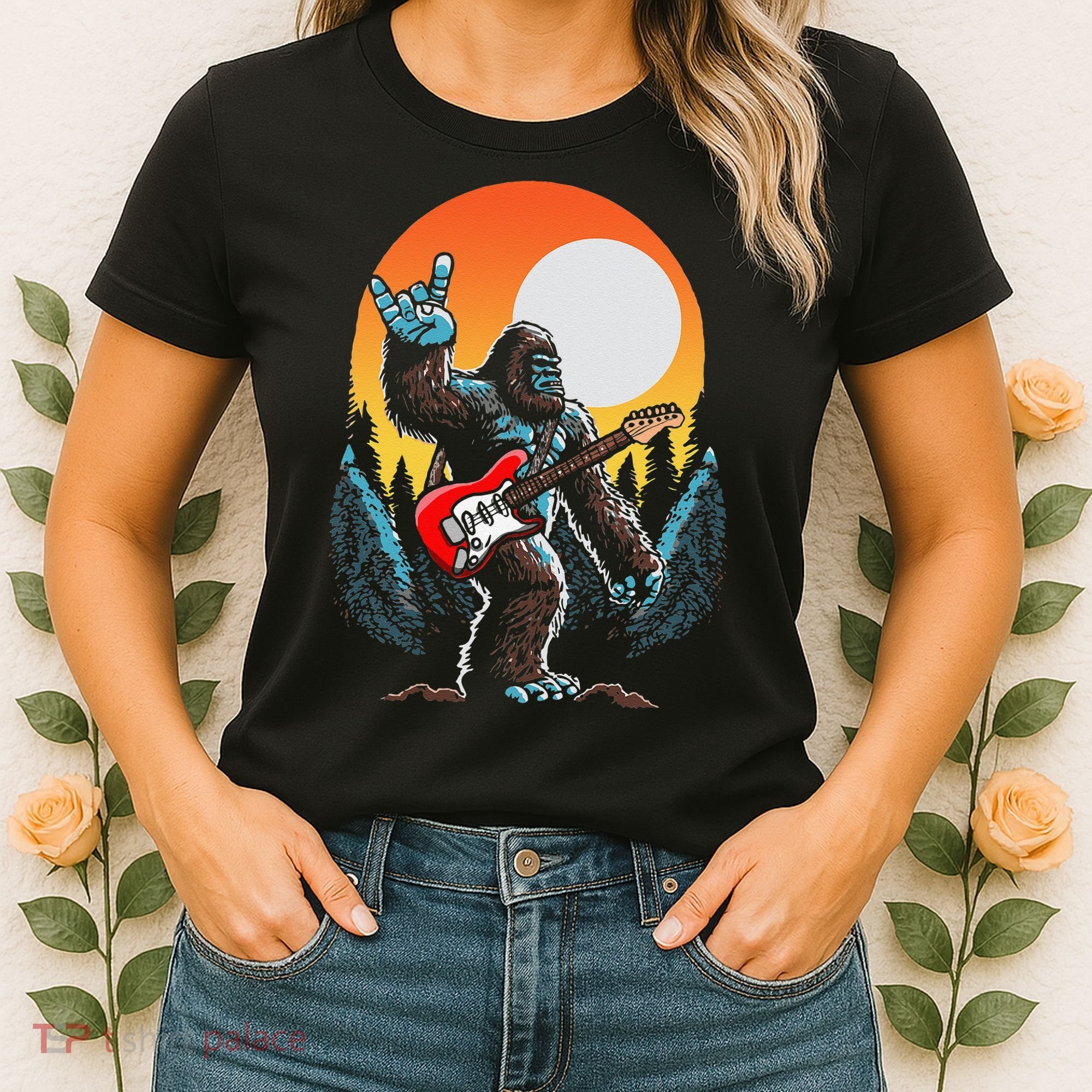 Rock On Sasquatch Rock And Roll Bigfoot Electric Guitar Women's T-Shirt