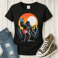 Rock On Sasquatch Rock And Roll Bigfoot Electric Guitar Women's T-Shirt thumb 3