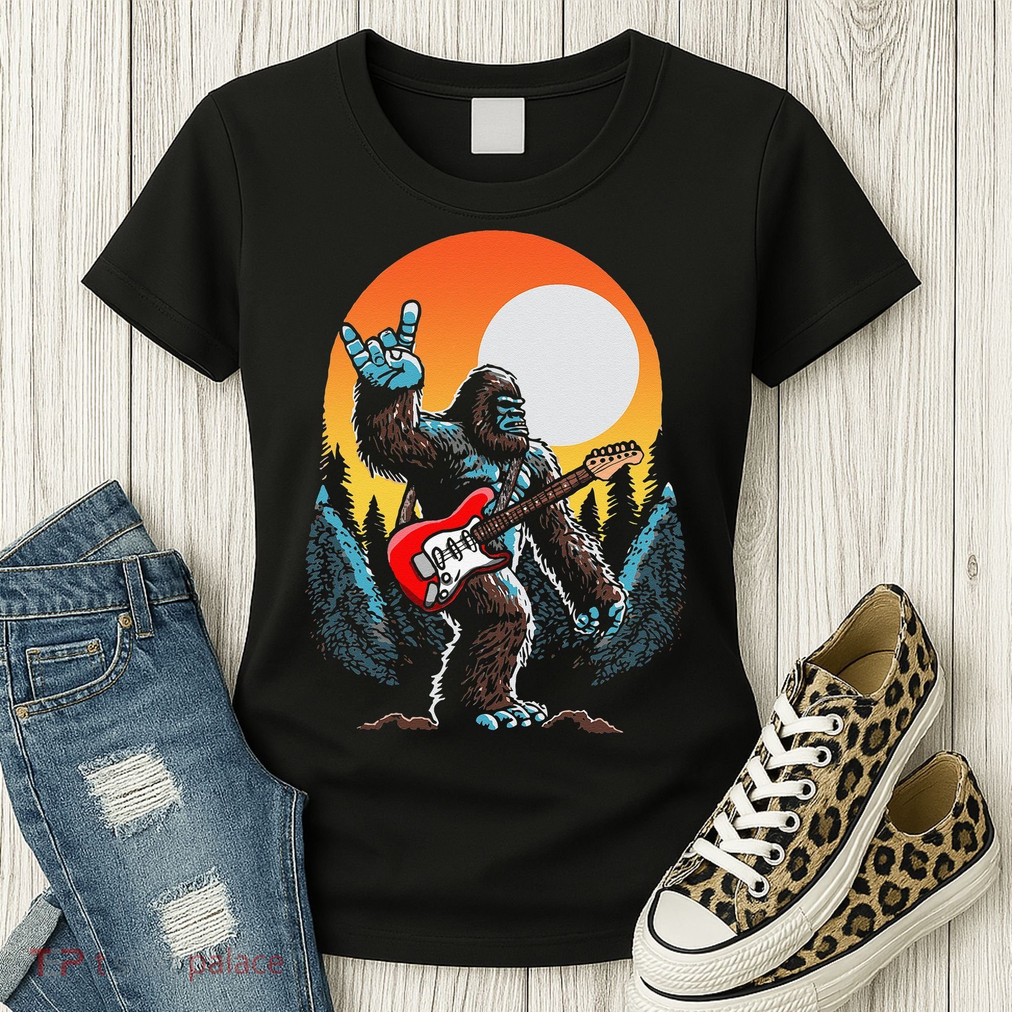 Rock On Sasquatch Rock And Roll Bigfoot Electric Guitar Women's T-Shirt