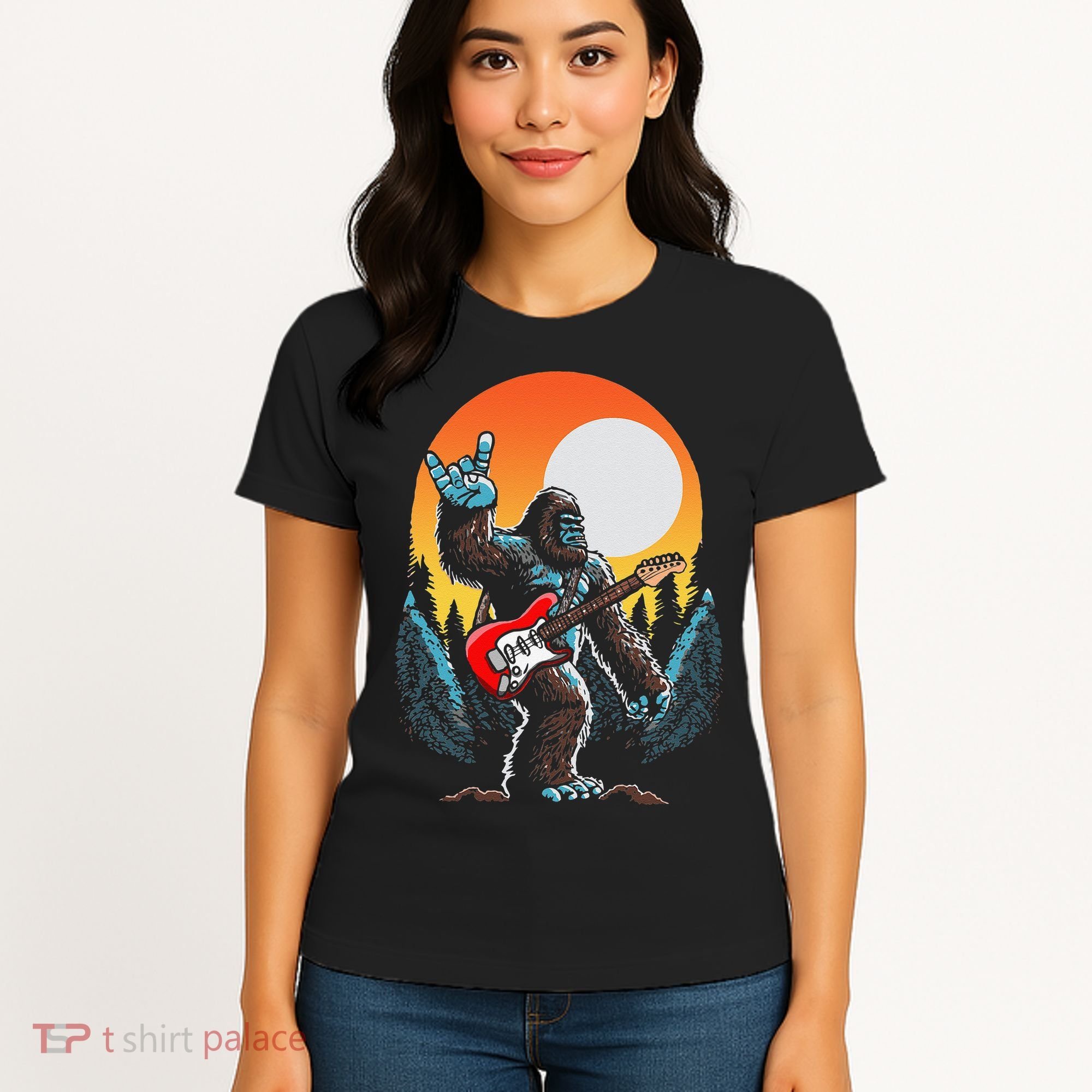 Rock On Sasquatch Rock And Roll Bigfoot Electric Guitar Women's T-Shirt