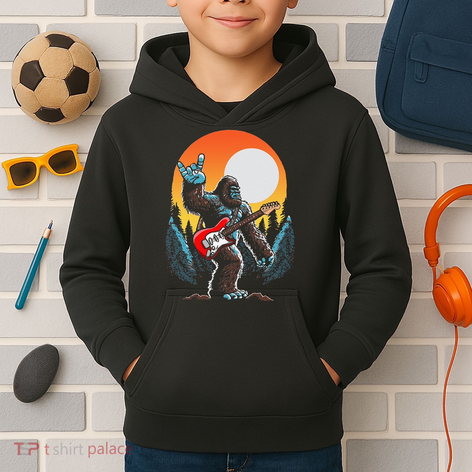 Rock On Sasquatch Rock And Roll Bigfoot Electric Guitar Kids Hoodie