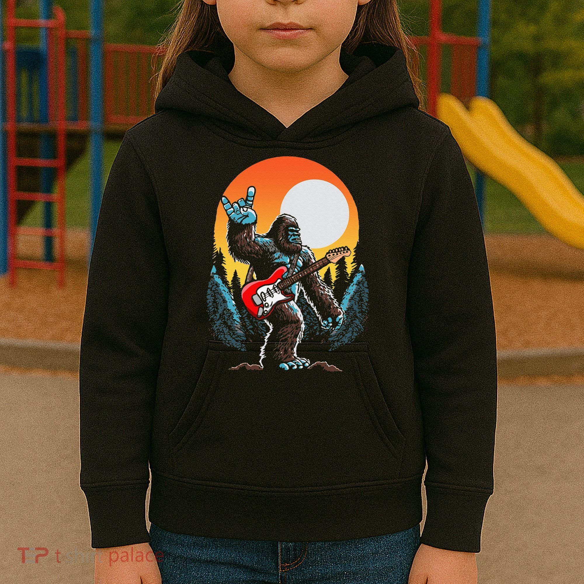 Rock On Sasquatch Rock And Roll Bigfoot Electric Guitar Kids Hoodie