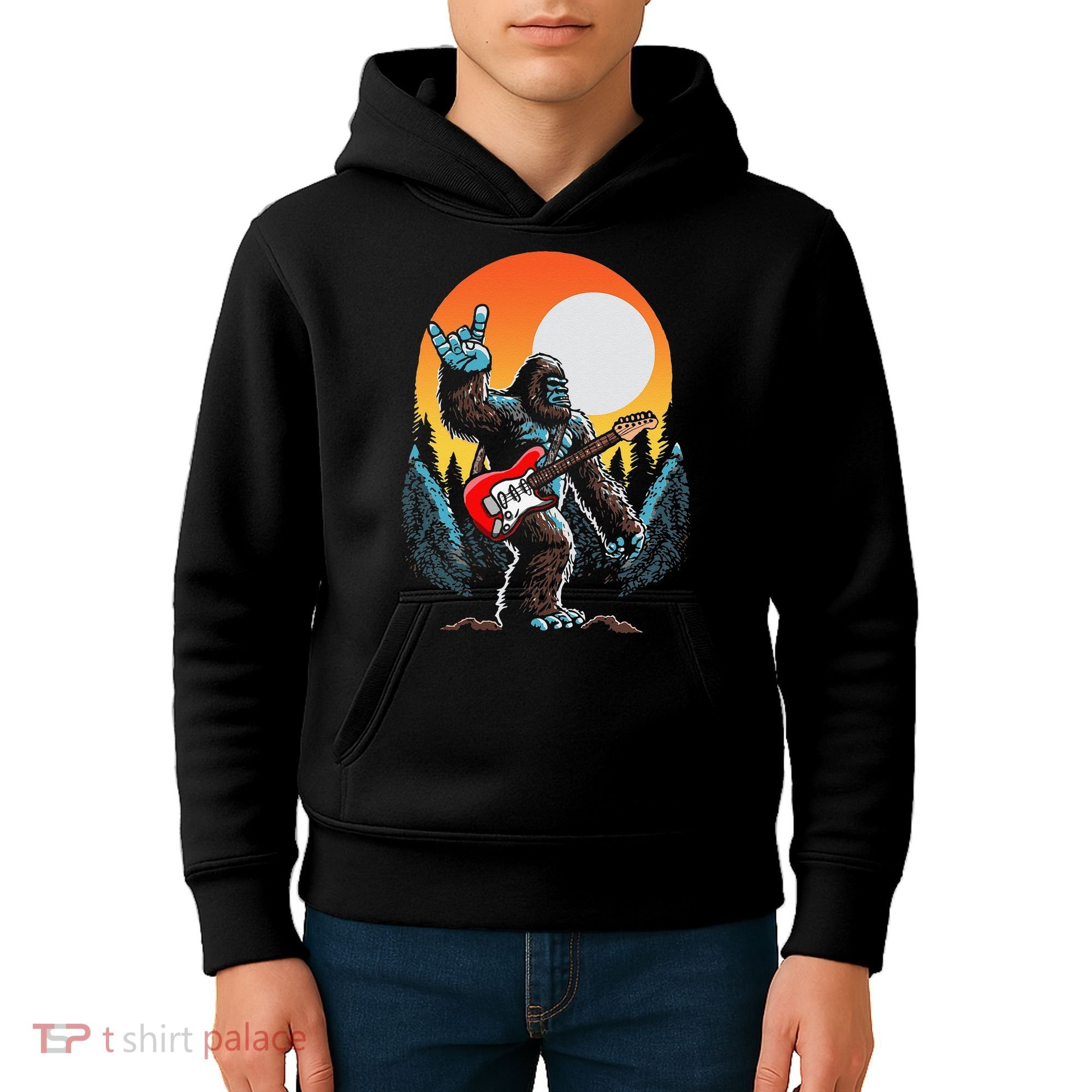 Rock On Sasquatch Rock And Roll Bigfoot Electric Guitar Kids Hoodie