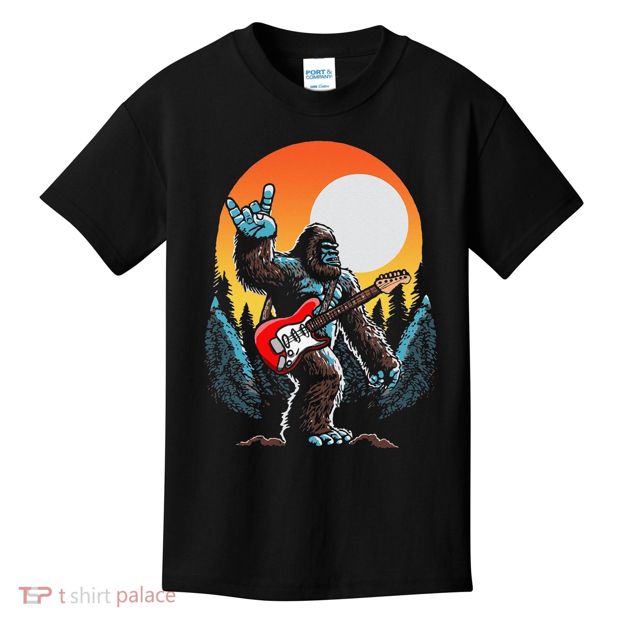 Rock On Sasquatch Rock And Roll Bigfoot Electric Guitar Kids T-Shirt