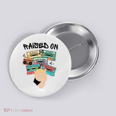 Raised On Slim Retro Cassettes Hip Hop Button