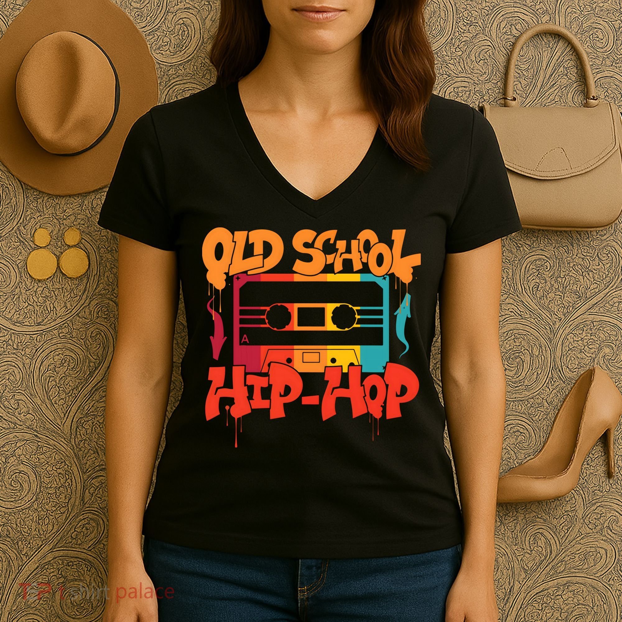 Retro Old School Hip Hop 80s 90s Graffiti Cassette Women's V-Neck T-Shirt