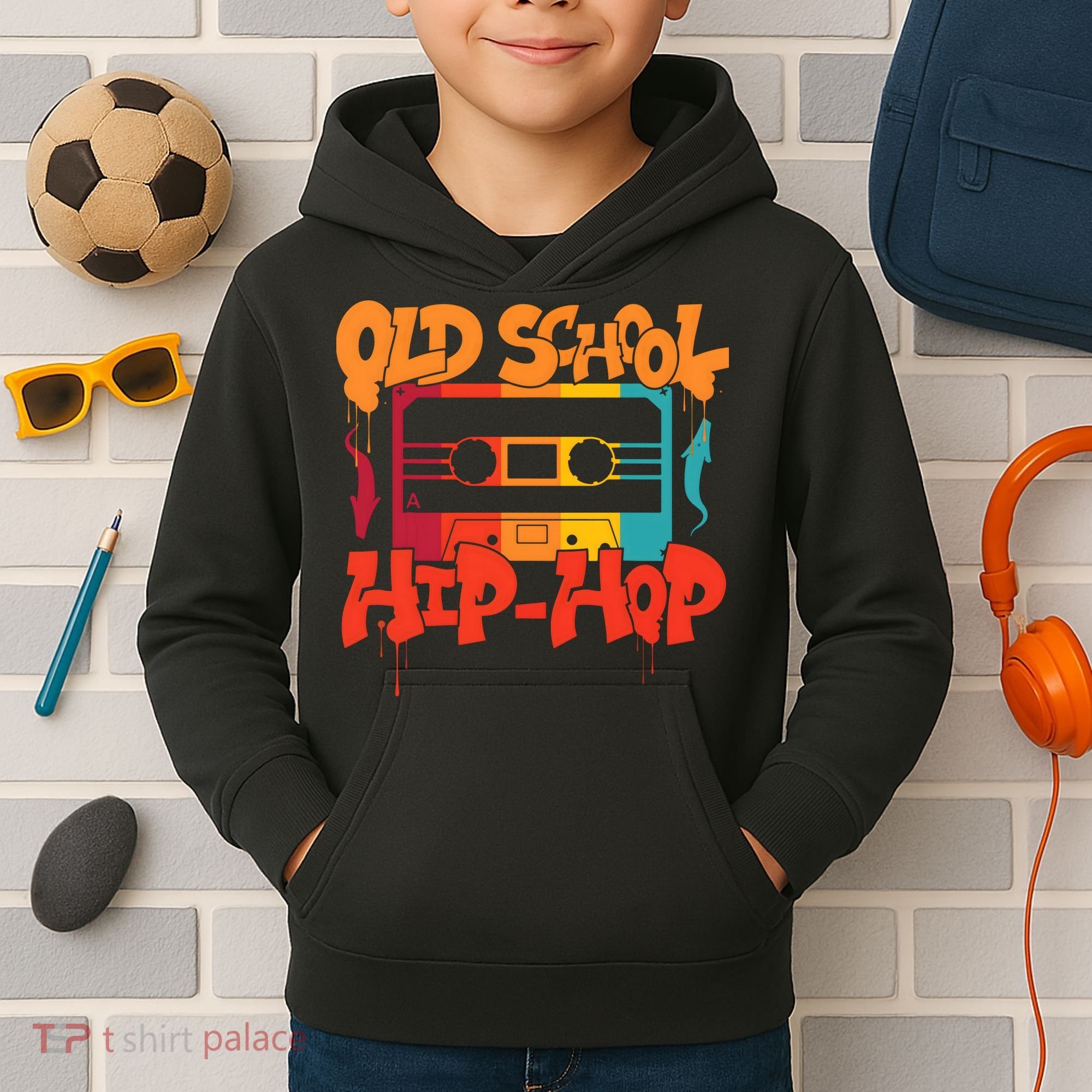 Retro Old School Hip Hop 80s 90s Graffiti Cassette Kids Hoodie