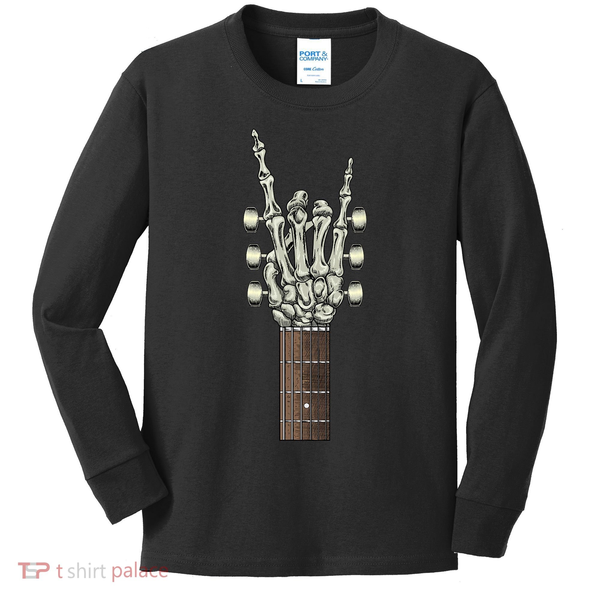 Rock On Skeleton Hand Guitar Rock & Roll Rock Band Kids Long Sleeve Shirt