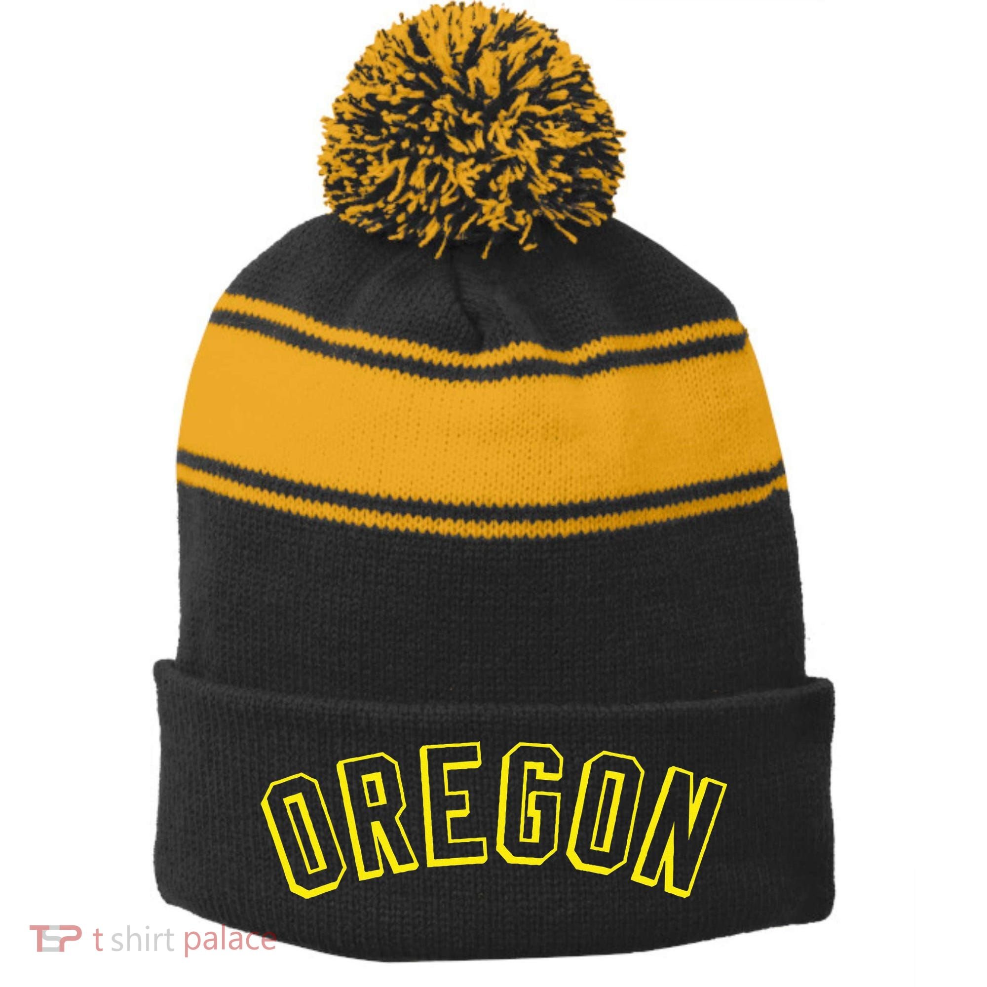 Retro Oregon Throwback Yellow Oregon Kids Stripe Pom Pom Beanie