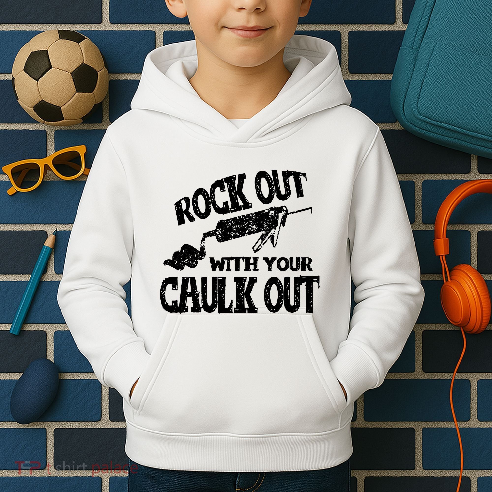 Rock Out With Your Caulk Out Construction Worker Gift Kids Hoodie