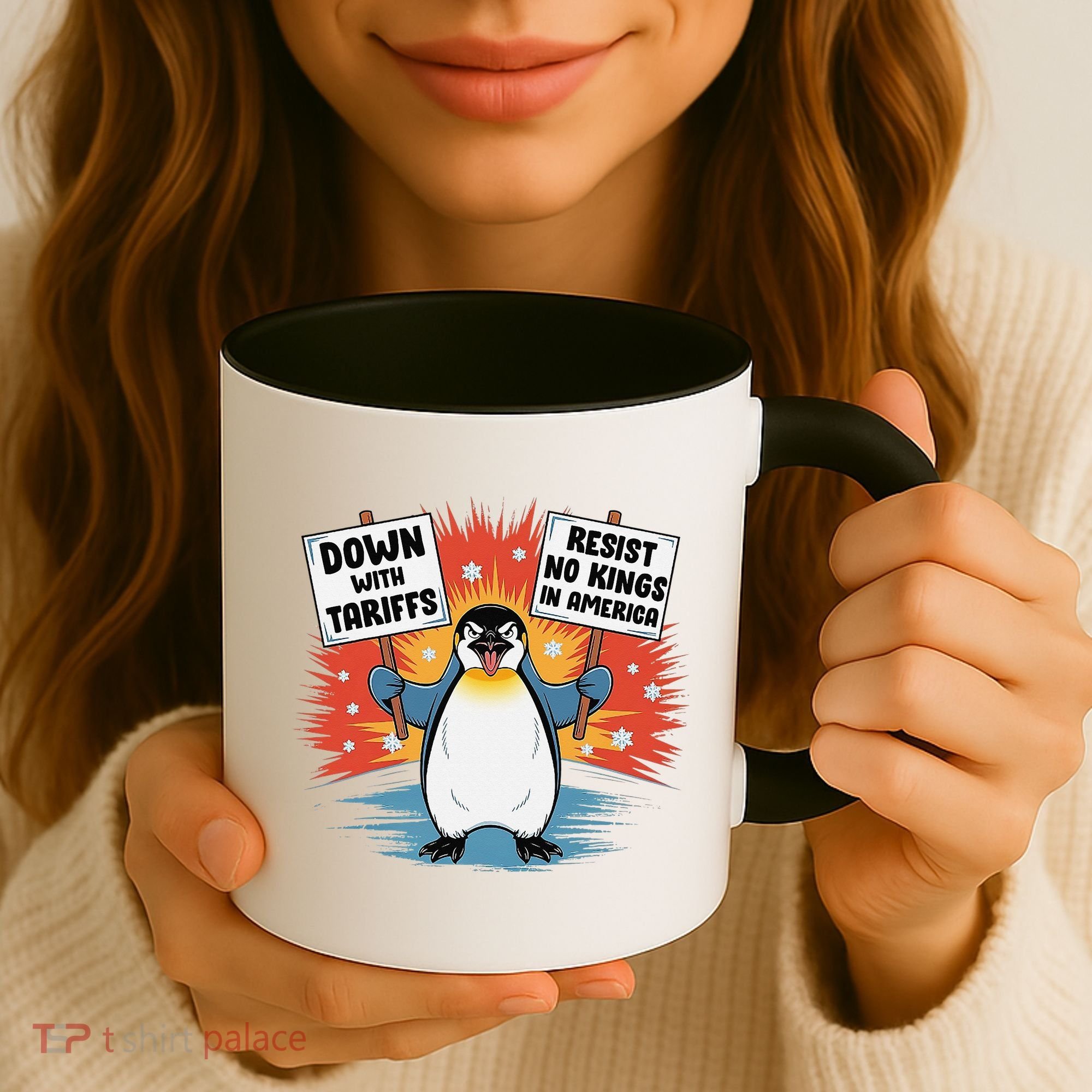 Resist Penguins Activism Funny Penguins Protest Tariffs Coffee Mug