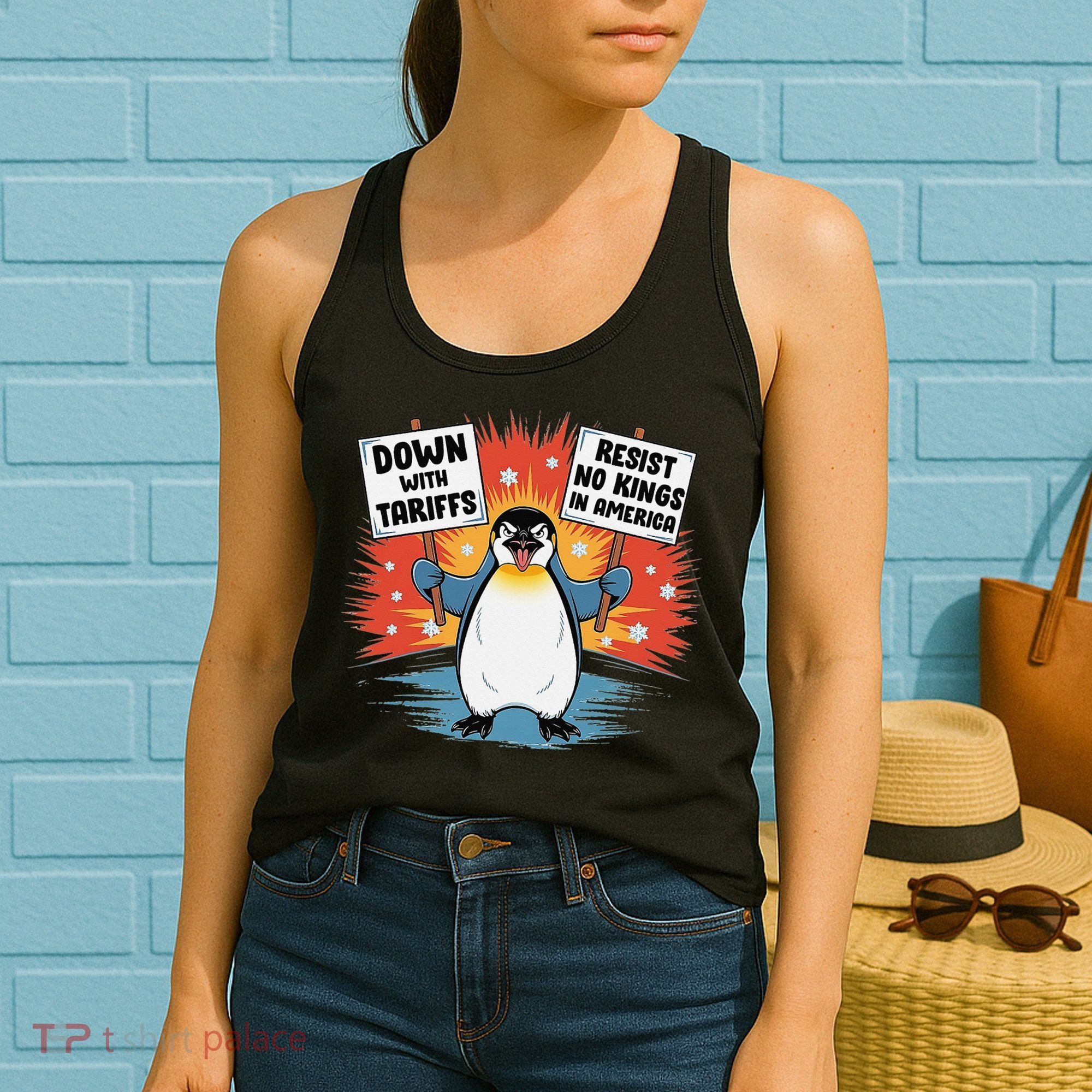Resist Penguins Activism Funny Penguins Protest Tariffs Women's Tank Top