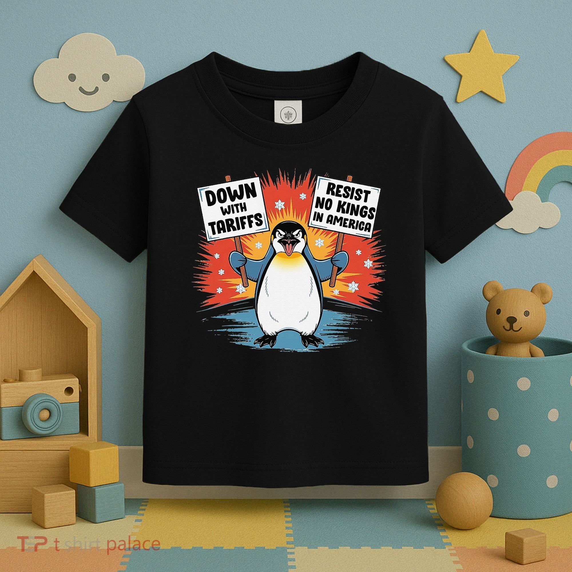 Resist Penguins Activism Funny Penguins Protest Tariffs Toddler T-Shirt