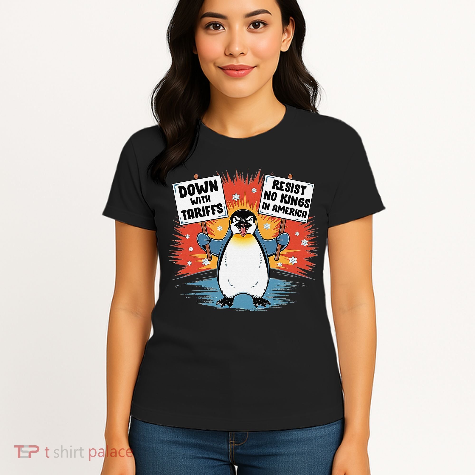 Resist Penguins Activism Funny Penguins Protest Tariffs Women's T-Shirt
