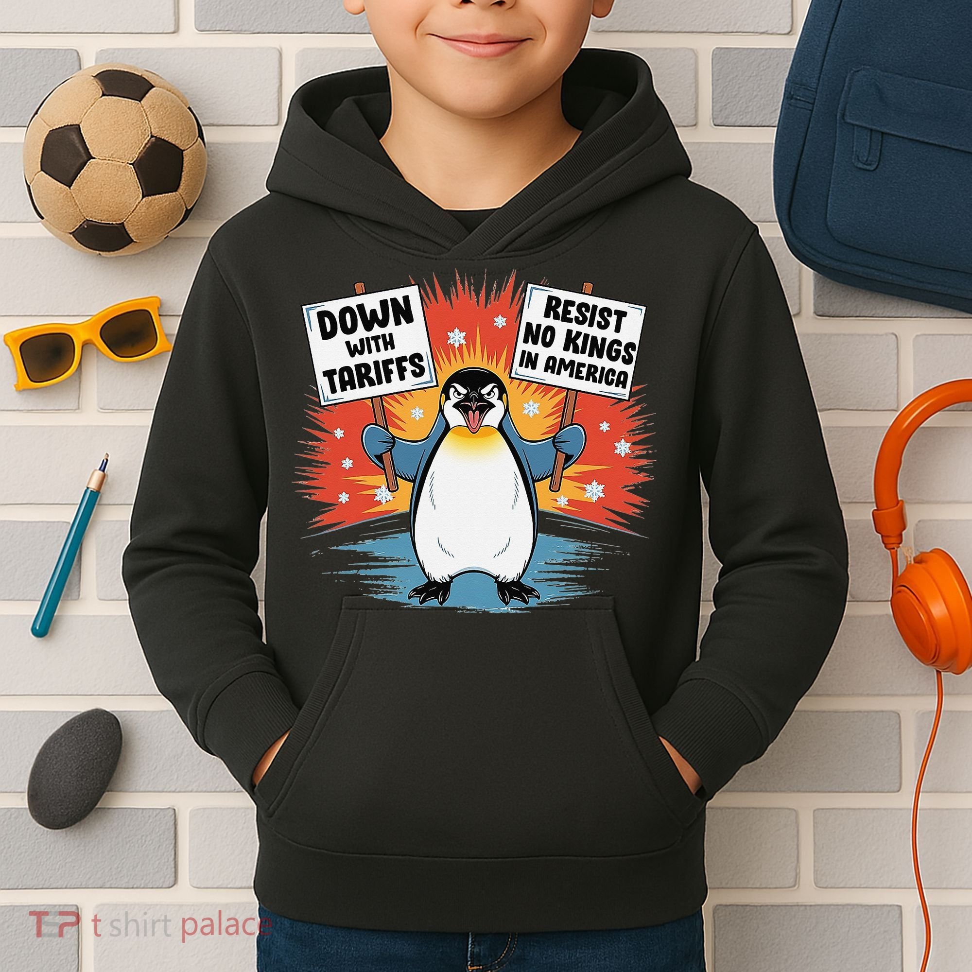 Resist Penguins Activism Funny Penguins Protest Tariffs Kids Hoodie