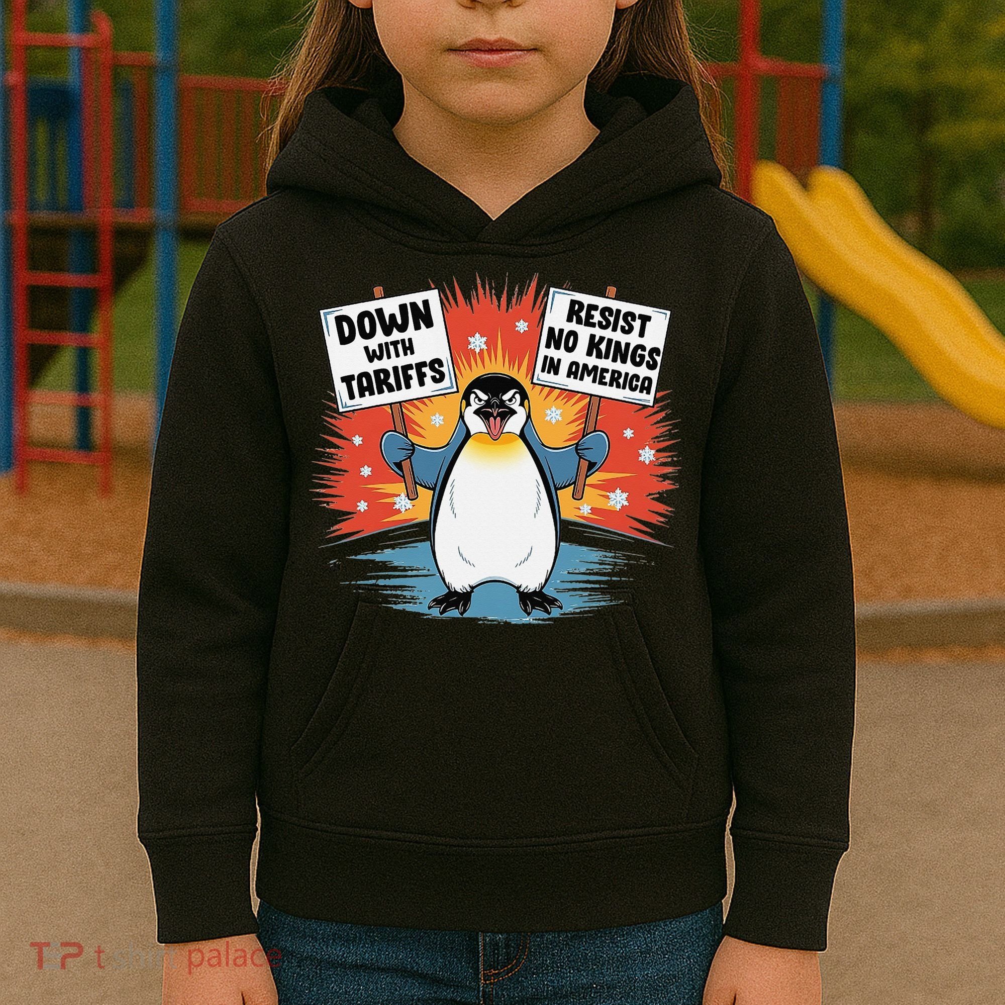 Resist Penguins Activism Funny Penguins Protest Tariffs Kids Hoodie