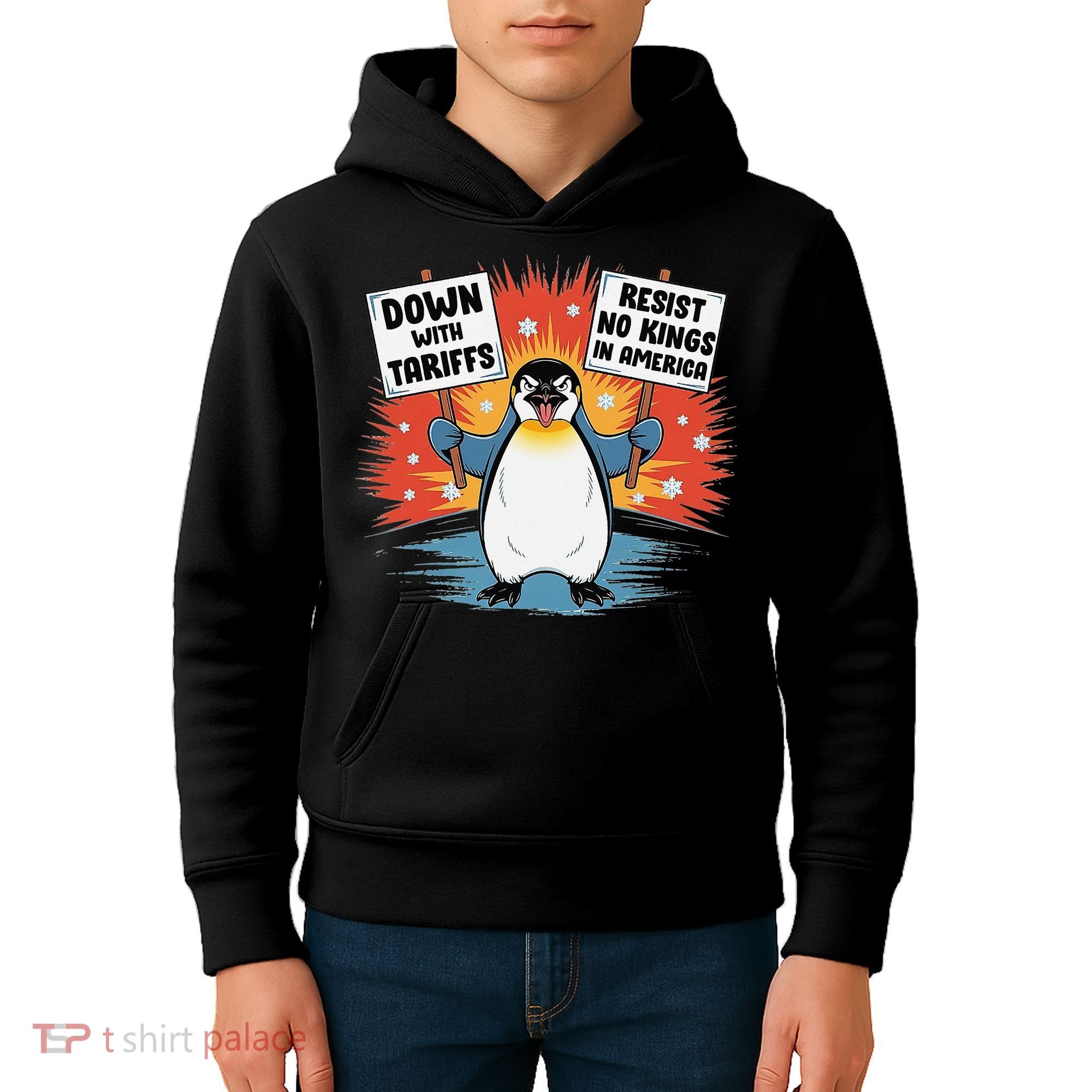 Resist Penguins Activism Funny Penguins Protest Tariffs Kids Hoodie