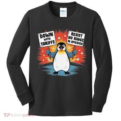 Resist Penguins Activism Funny Penguins Protest Tariffs Kids Long Sleeve Shirt