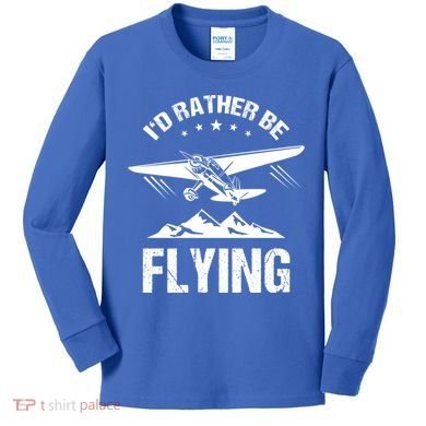 Retro Pilot Aviation ID Rather Be Flying Plane Gift Pilot Gift Kids Long Sleeve Shirt