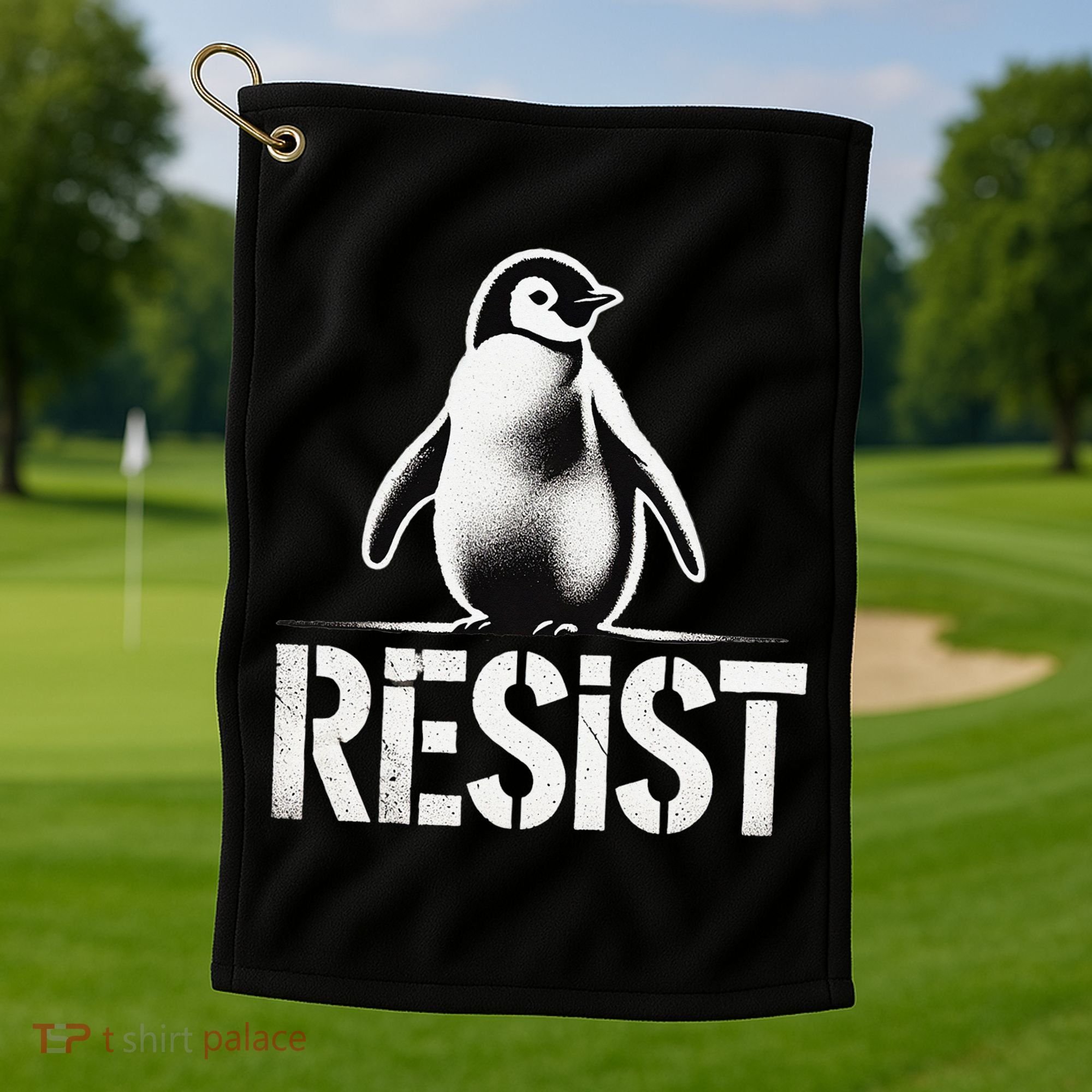 Resist Penguin Activism Penguins Protest Against Tariffs Golf Towel