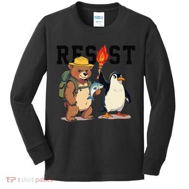 Resist Penguins And Bear Graphic We Stand With Penguins Kids Long Sleeve Shirt