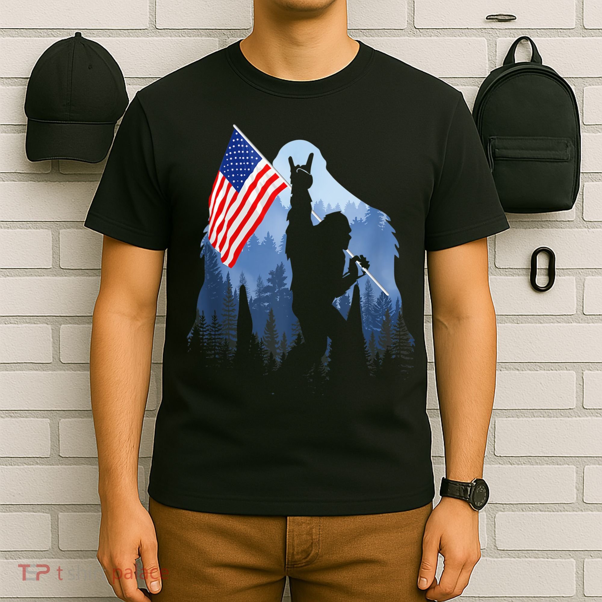 Retro Patriotic Bigfoot Sasquatch With USA Flag 4th Of July T-Shirt