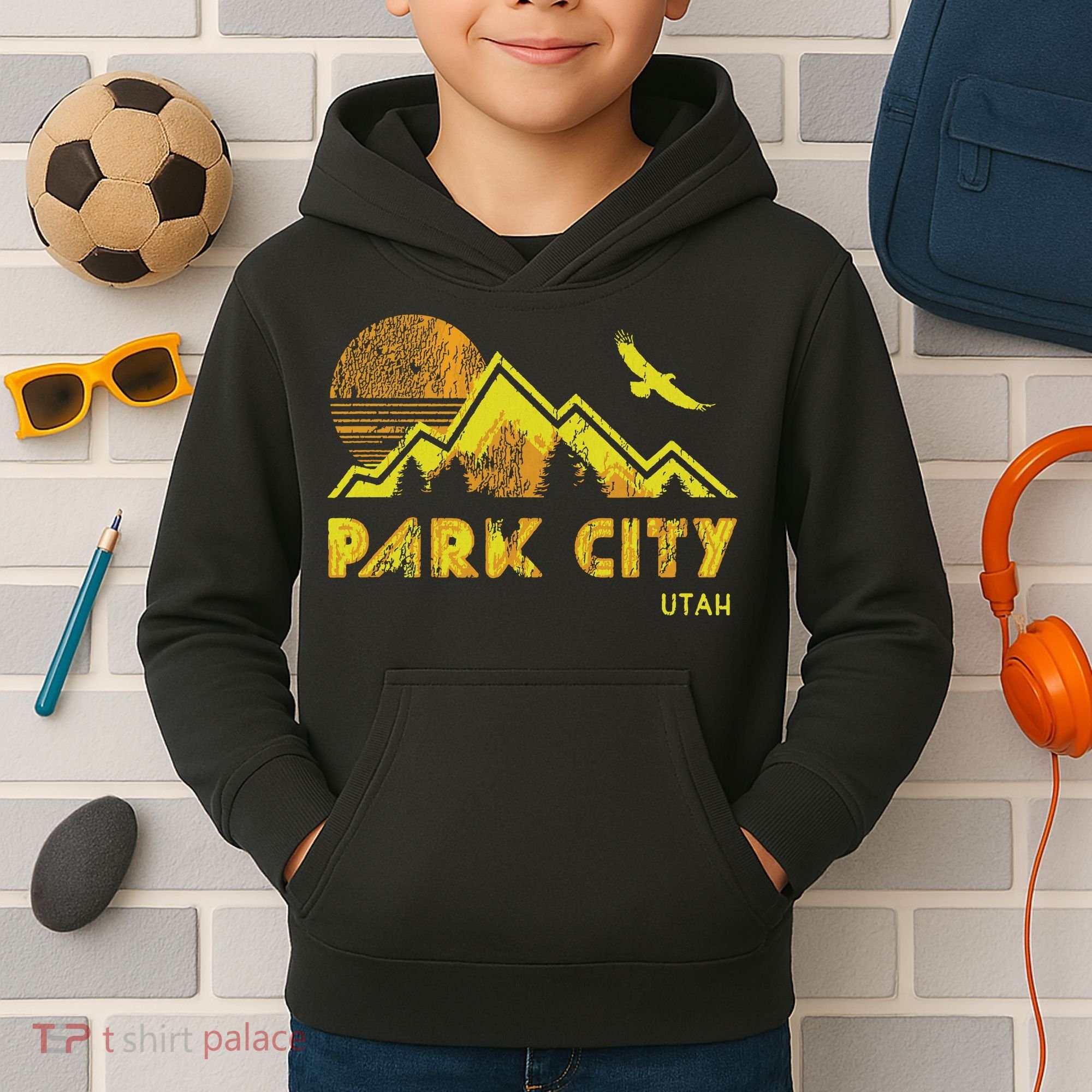 Retro Park City Utah Distressed Home Kids Hoodie
