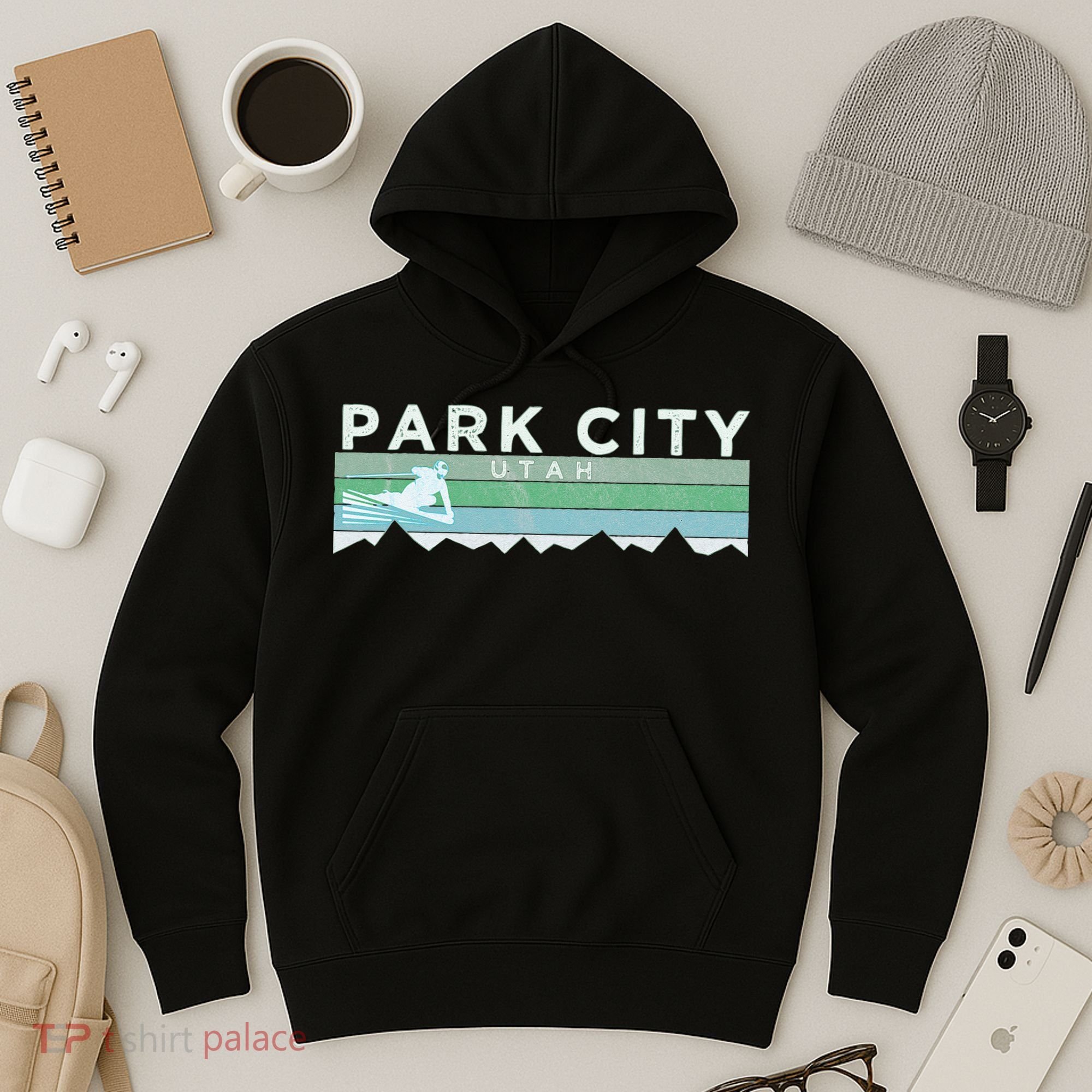 Retro Park City Utah Distressed Skiing Hoodie