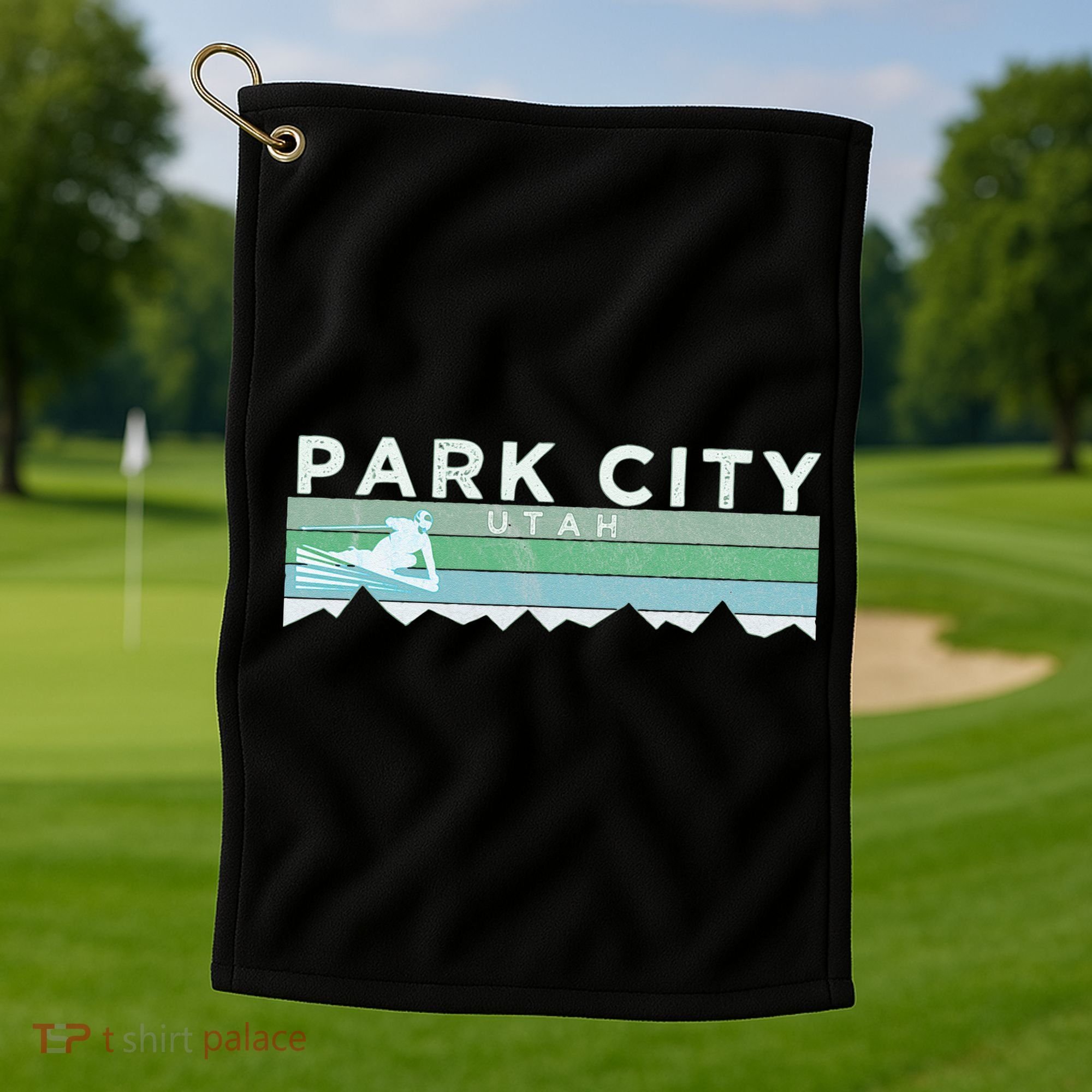Retro Park City Utah Distressed Skiing Golf Towel