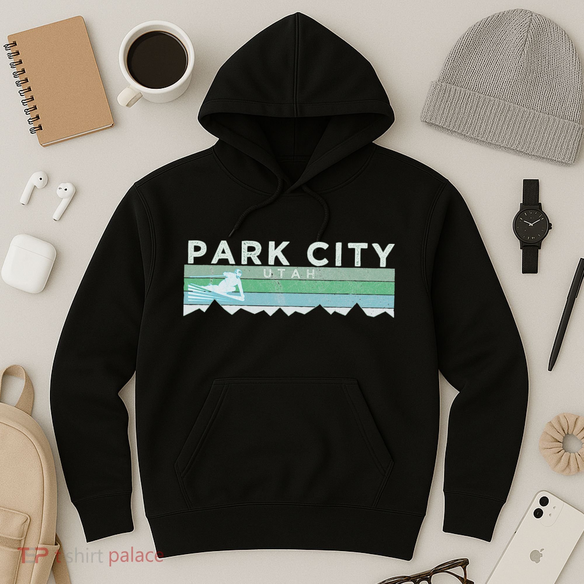 Retro Park City Utah Distressed Skiing Hoodie