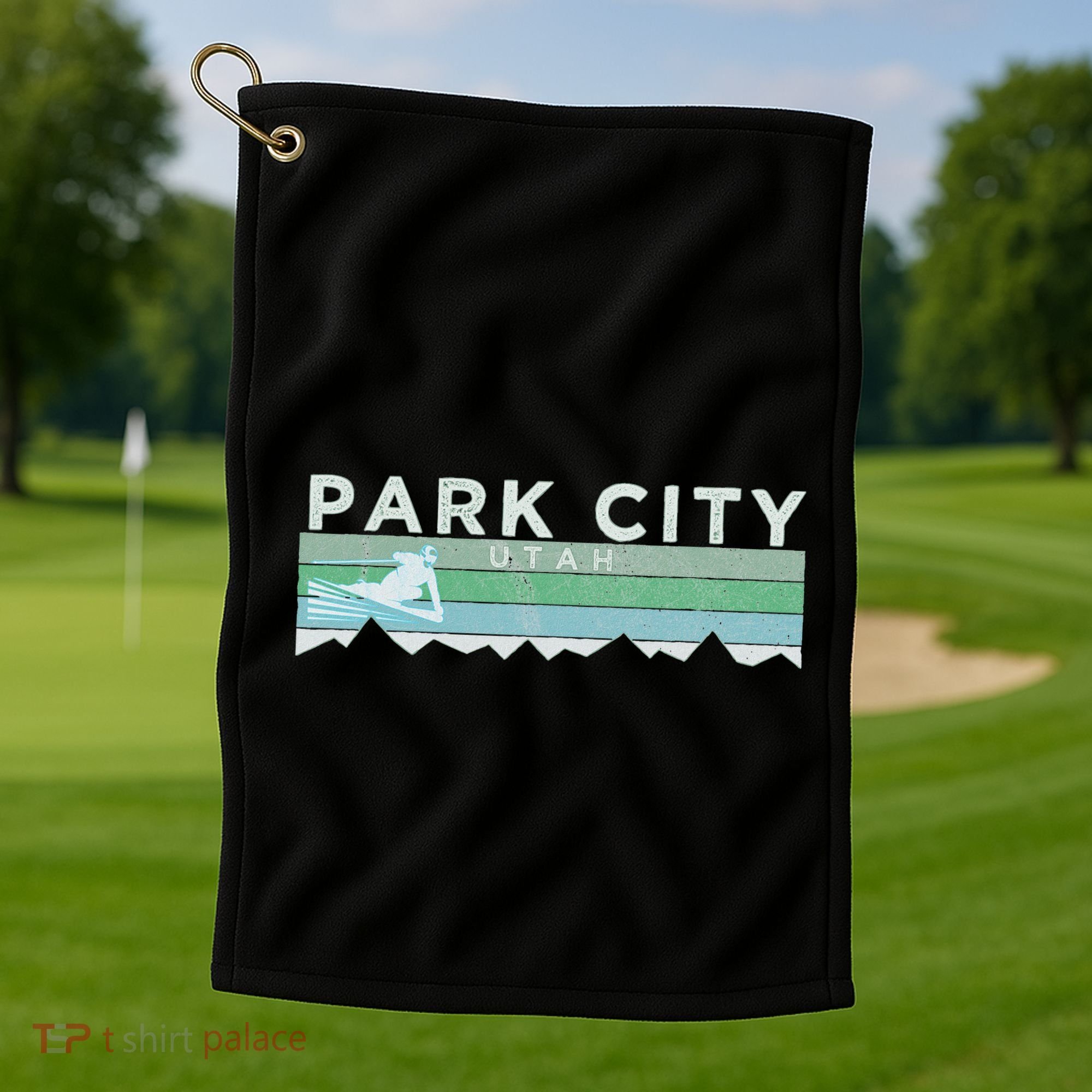 Retro Park City Utah Distressed Skiing Golf Towel