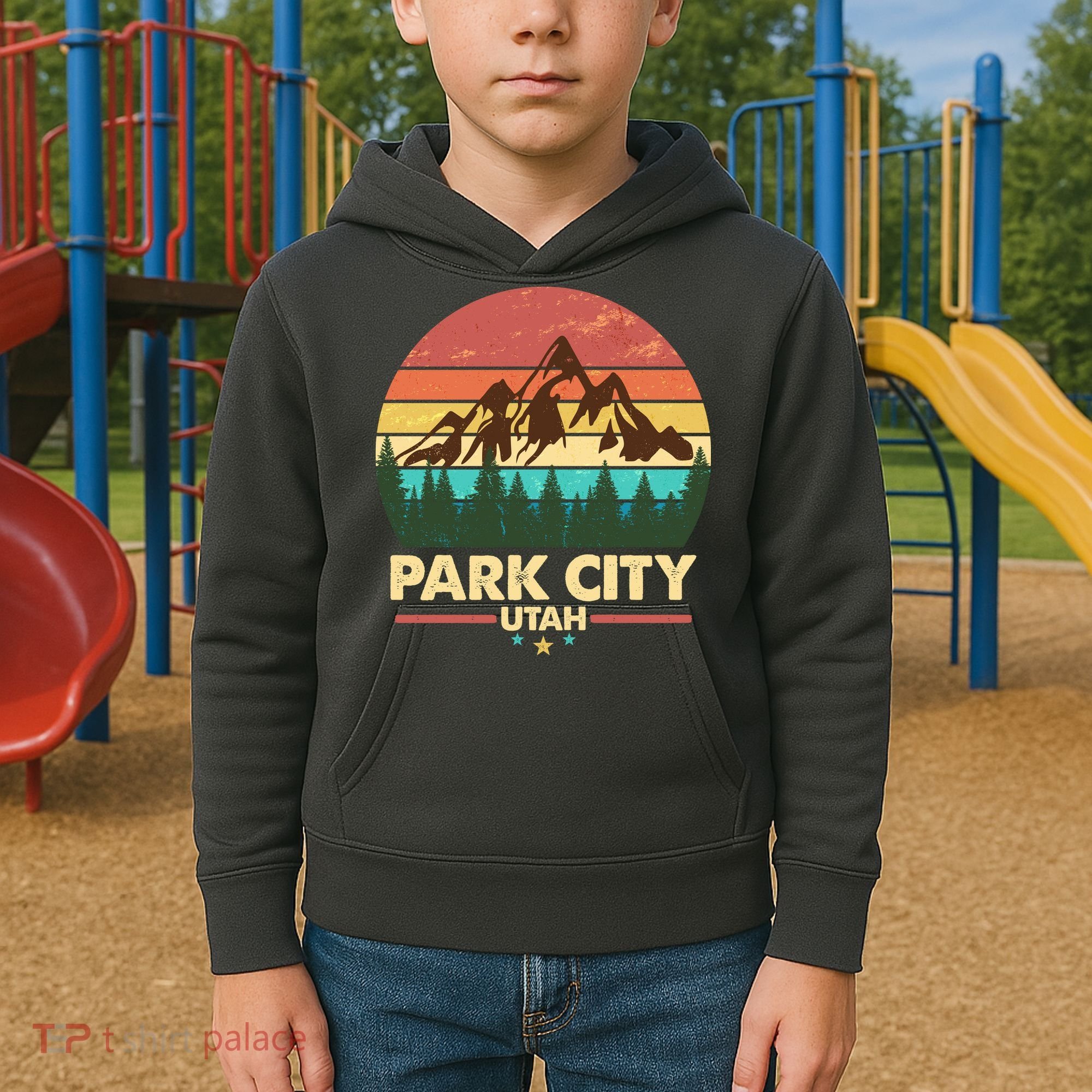 Retro Park City Utah Mountain Kids Hoodie