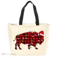 Red Plaid Christmas Lights Pajama Bison Animals Lover Gift Tote Bag thumb 0