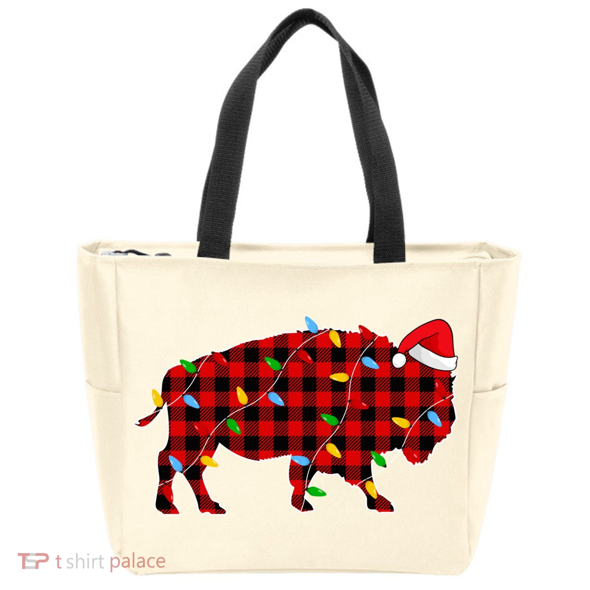 Red Plaid Christmas Lights Pajama Bison Animals Lover Gift Tote Bag