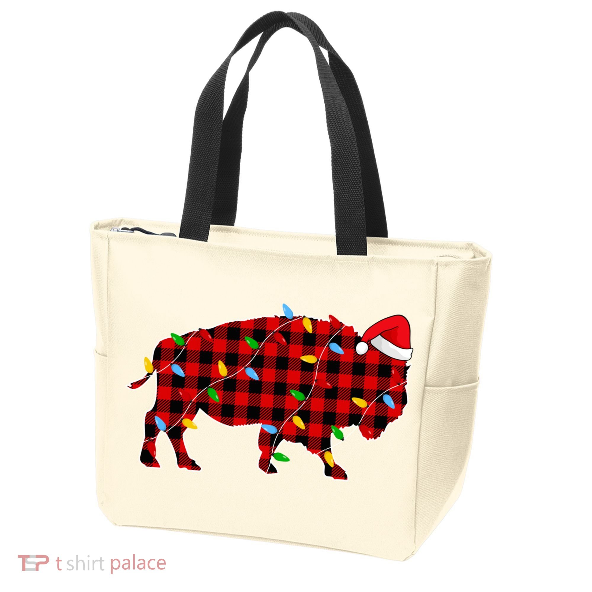 Red Plaid Christmas Lights Pajama Bison Animals Lover Gift Tote Bag