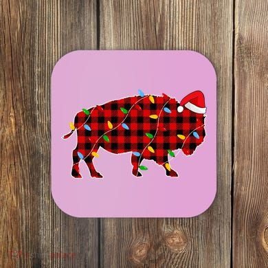 Red Plaid Christmas Lights Pajama Bison Animals Lover Gift Coaster