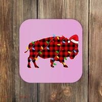 Red Plaid Christmas Lights Pajama Bison Animals Lover Gift Coaster thumb 0