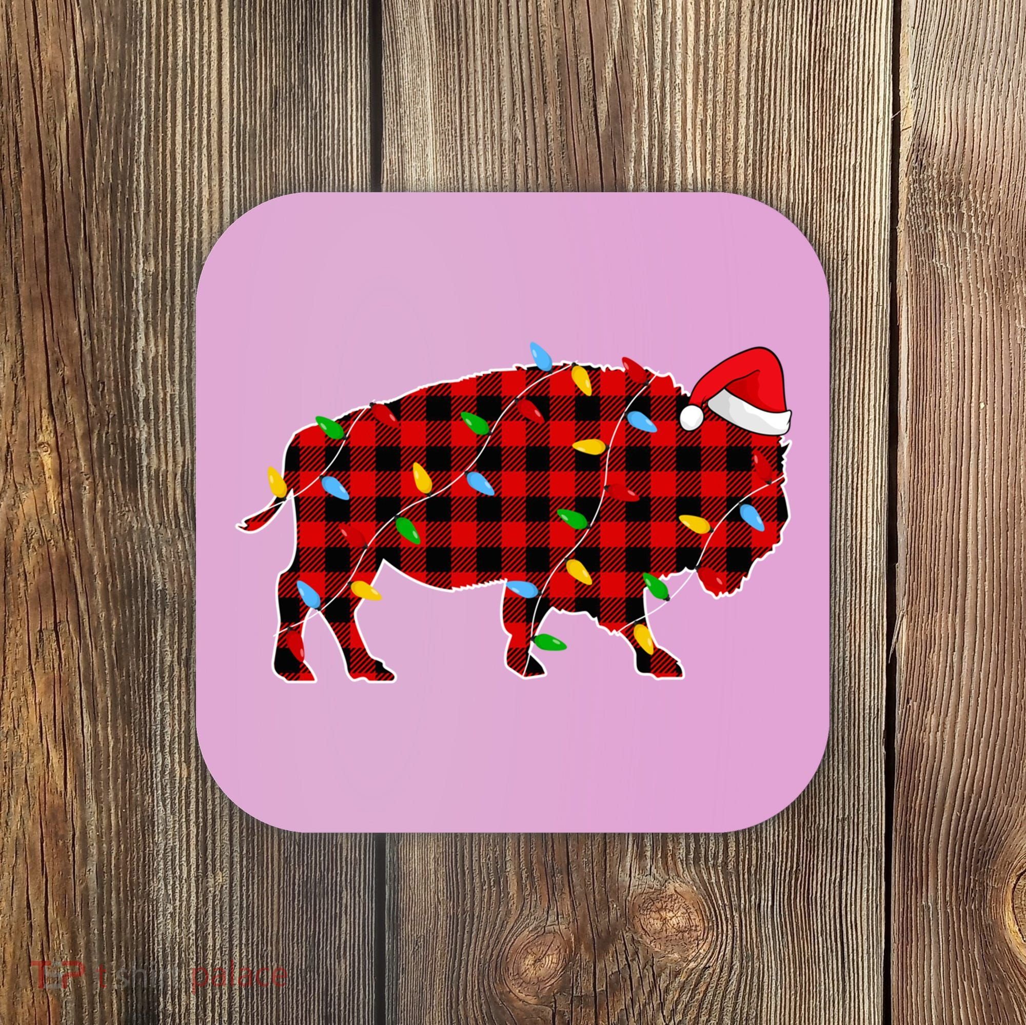 Red Plaid Christmas Lights Pajama Bison Animals Lover Gift Coaster