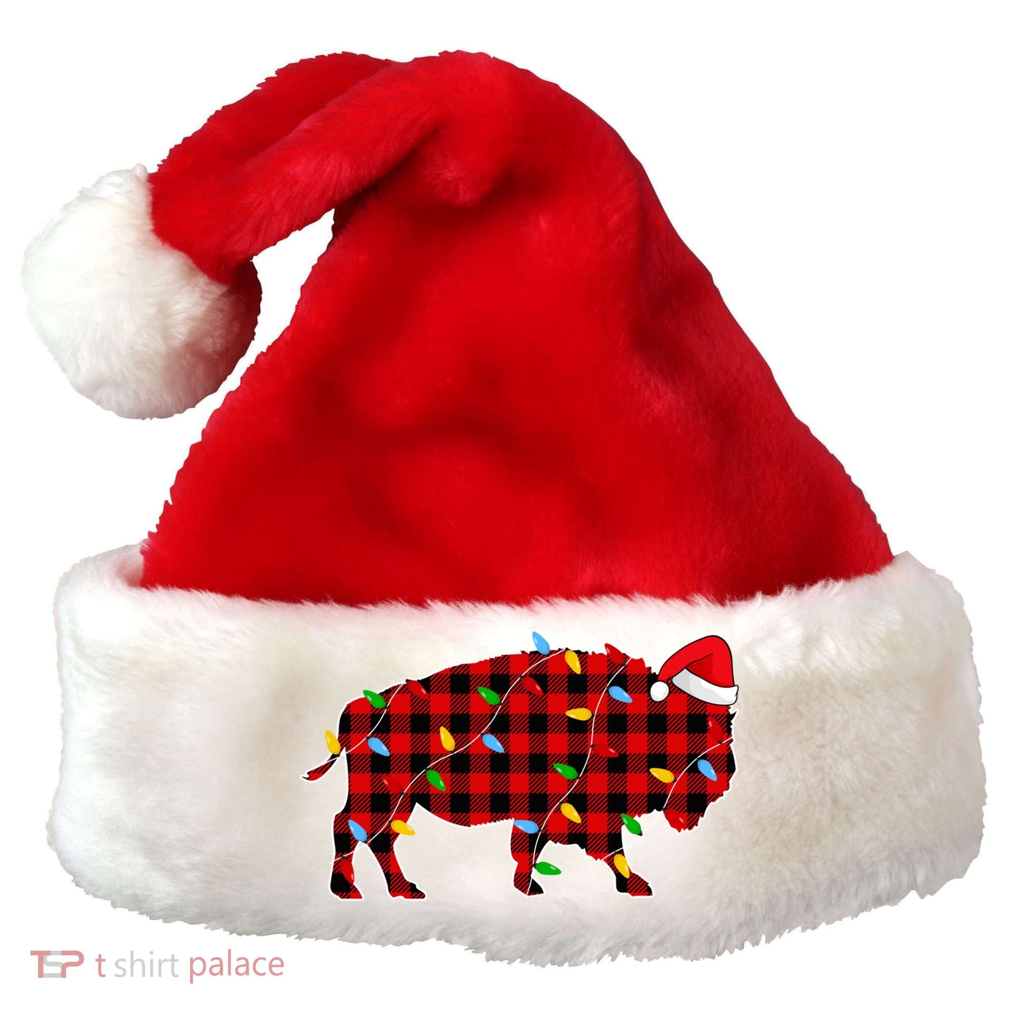 Red Plaid Christmas Lights Pajama Bison Animals Lover Gift Santa Hat