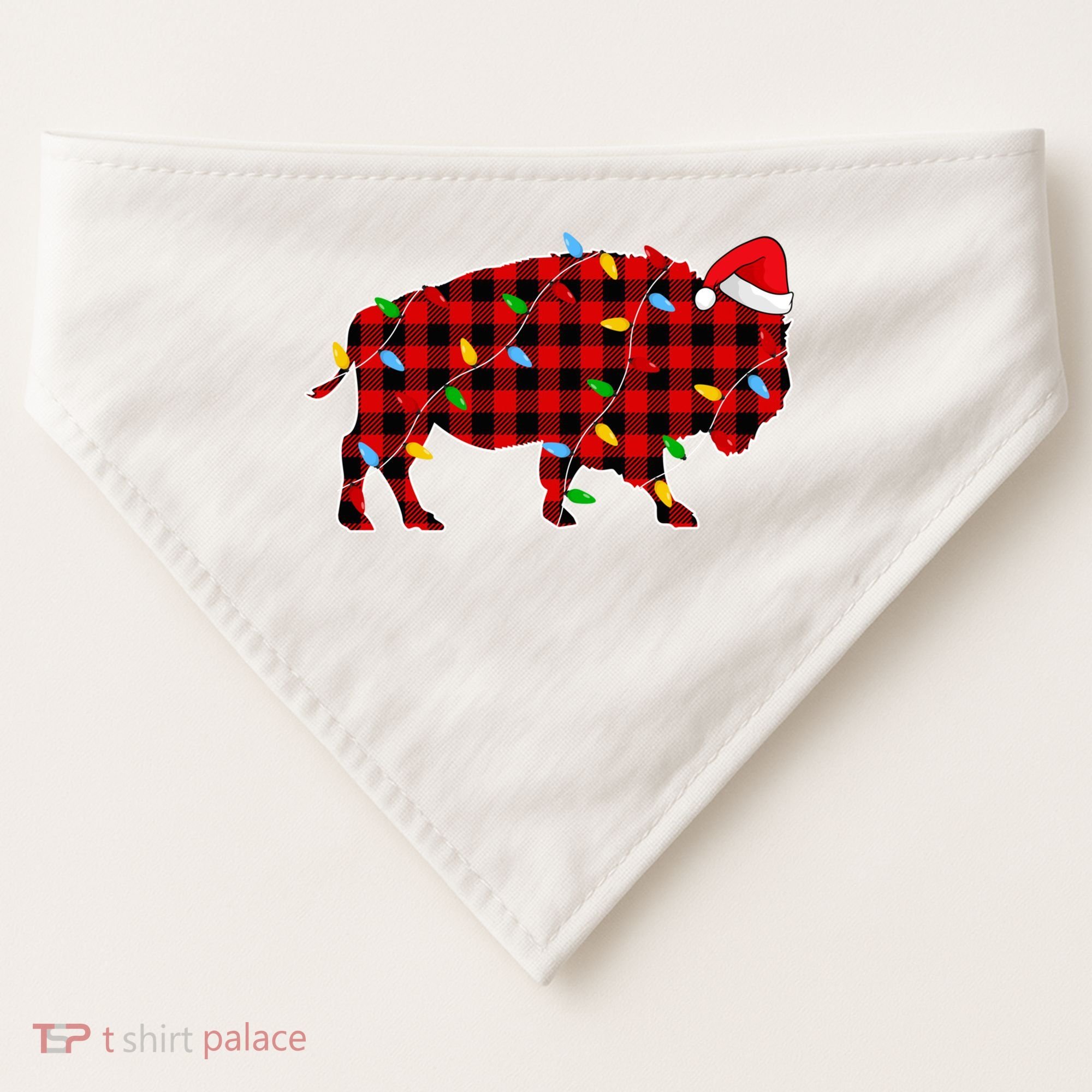Red Plaid Christmas Lights Pajama Bison Animals Lover Gift USA-Made Doggie Bandana