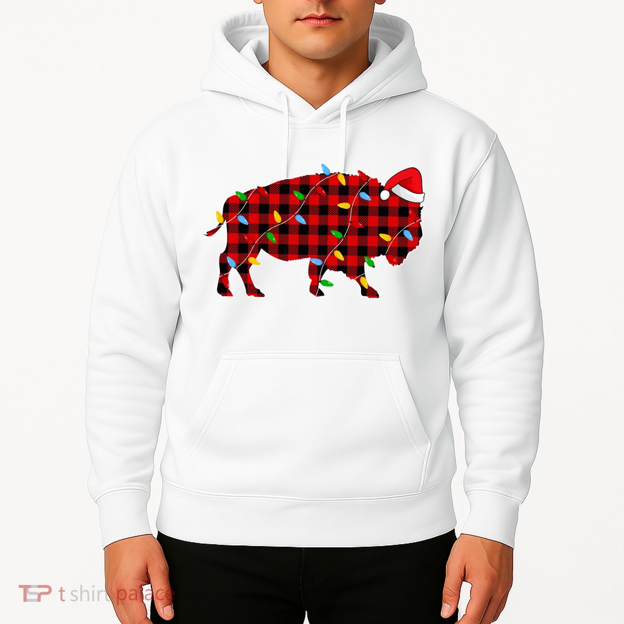 Red Plaid Christmas Lights Pajama Bison Animals Lover Gift Hoodie